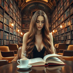 A sexy lady with long bronze hair, elegantly styled, sitting in a large, sophisticated library surrounded by high bookshelves filled with countless volumes