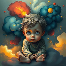 A poignant and imaginative representation of a young child trapped within their own mind, depicted as sitting in a whimsical yet chaotic environment filled with abstract colors and shapes that symbolize their internal struggles