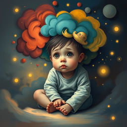 A poignant and imaginative representation of a young child trapped within their own mind, depicted as sitting in a whimsical yet chaotic environment filled with abstract colors and shapes that symbolize their internal struggles