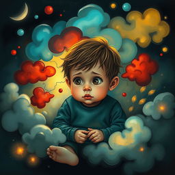 A poignant and imaginative representation of a young child trapped within their own mind, depicted as sitting in a whimsical yet chaotic environment filled with abstract colors and shapes that symbolize their internal struggles