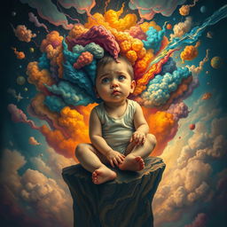 A vivid and emotional depiction of a young child encapsulated in their own mind, surrounded by an intricate landscape of thoughts represented as colorful, chaotic clouds swirling around them