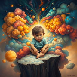 A vivid and emotional depiction of a young child encapsulated in their own mind, surrounded by an intricate landscape of thoughts represented as colorful, chaotic clouds swirling around them
