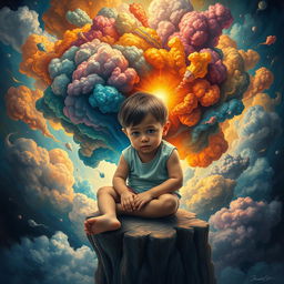 A vivid and emotional depiction of a young child encapsulated in their own mind, surrounded by an intricate landscape of thoughts represented as colorful, chaotic clouds swirling around them