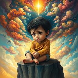 A vivid and emotional depiction of a young child encapsulated in their own mind, surrounded by an intricate landscape of thoughts represented as colorful, chaotic clouds swirling around them