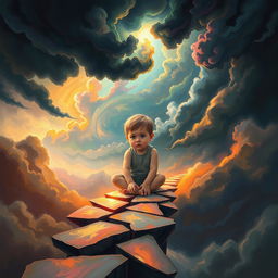 A deeply emotional and surreal portrayal of a young child visually trapped within the confines of their own mind, depicted in a vast, abstract landscape of swirling thoughts and vibrant, chaotic colors