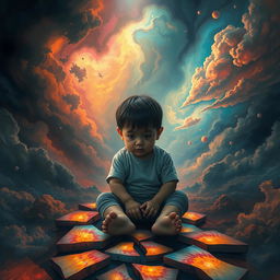 A deeply emotional and surreal portrayal of a young child visually trapped within the confines of their own mind, depicted in a vast, abstract landscape of swirling thoughts and vibrant, chaotic colors