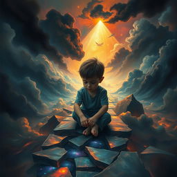 A deeply emotional and surreal portrayal of a young child visually trapped within the confines of their own mind, depicted in a vast, abstract landscape of swirling thoughts and vibrant, chaotic colors