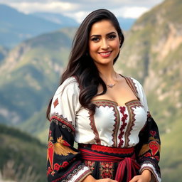 A beautiful Chechen woman with large breasts, elegantly dressed in traditional attire that blends modern style with cultural elements