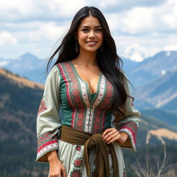 A beautiful Chechen woman with large breasts, elegantly dressed in traditional attire that blends modern style with cultural elements