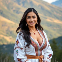 A beautiful Chechen woman with large breasts, elegantly dressed in traditional attire that blends modern style with cultural elements
