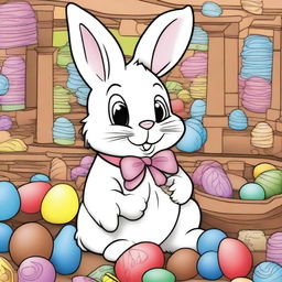 Generate a coloring page illustrating the Easter Bunny in a lively chocolate factory