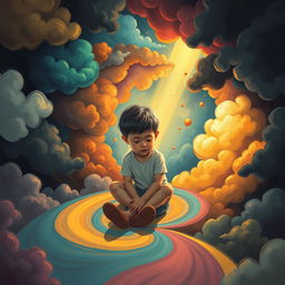 A powerful and introspective illustration of a young child trapped within the confines of their own mind, portrayed in a fantastical, surreal setting that represents their inner turmoil