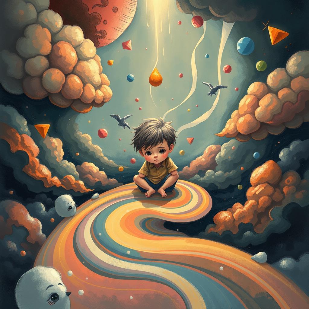 A powerful and introspective illustration of a young child trapped within the confines of their own mind, portrayed in a fantastical, surreal setting that represents their inner turmoil