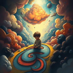 A powerful and introspective illustration of a young child trapped within the confines of their own mind, portrayed in a fantastical, surreal setting that represents their inner turmoil
