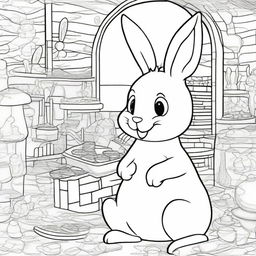 Generate a coloring page illustrating the Easter Bunny in a lively chocolate factory