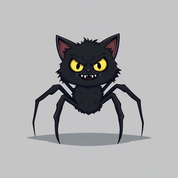 A cartoon-style illustration of a terrifying black spider-cat hybrid, featuring exaggerated cartoon proportions and a playful yet creepy expression