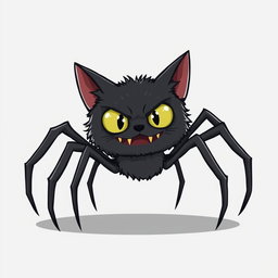 A cartoon-style illustration of a terrifying black spider-cat hybrid, featuring exaggerated cartoon proportions and a playful yet creepy expression