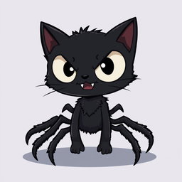 A cartoon-style illustration of a terrifying black spider-cat hybrid, featuring exaggerated cartoon proportions and a playful yet creepy expression