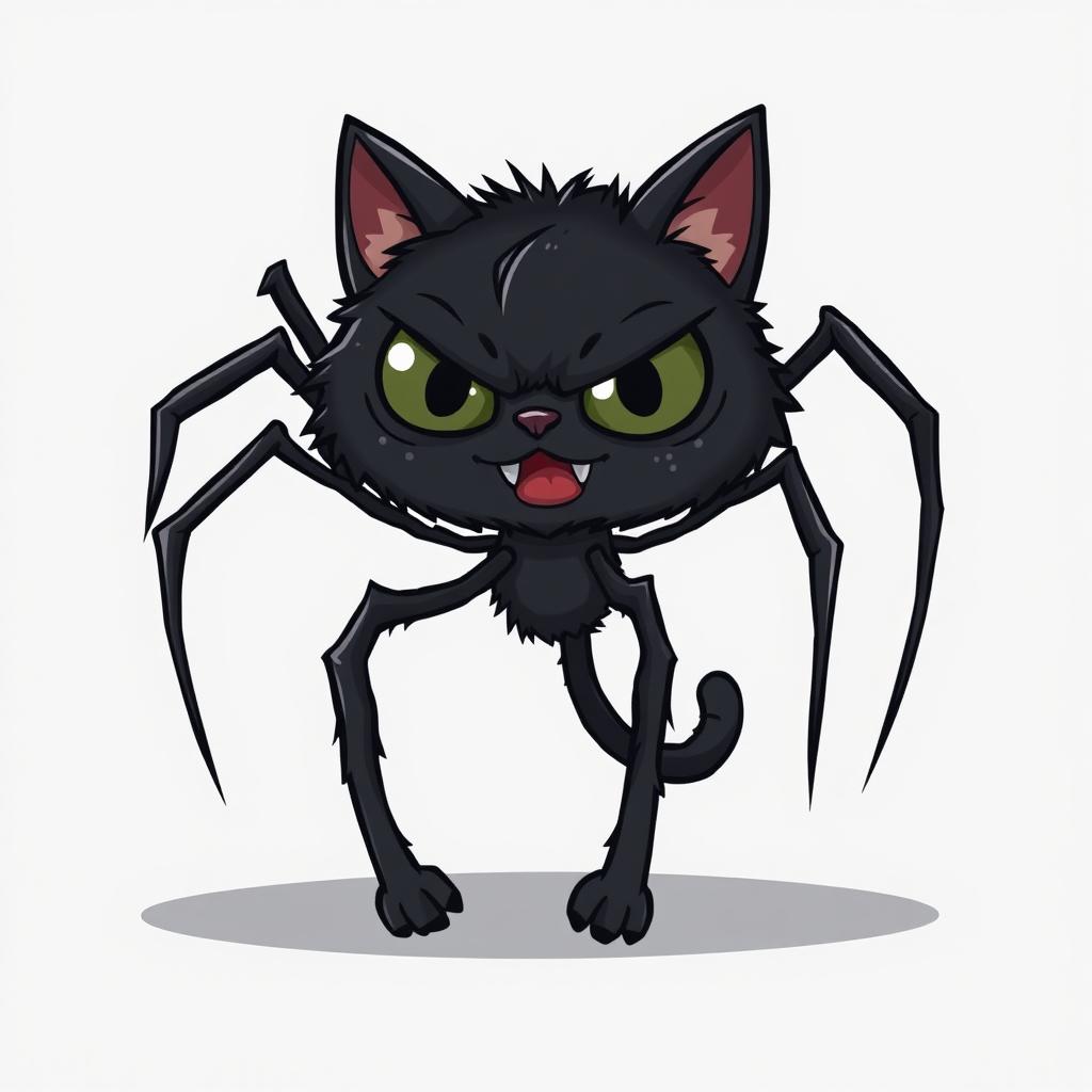 A cartoon-style illustration of a terrifying black spider-cat hybrid, featuring exaggerated cartoon proportions and a playful yet creepy expression