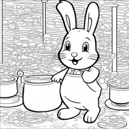 Generate a coloring page illustrating the Easter Bunny in a lively chocolate factory