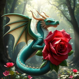 A majestic dragon entwined with a beautifully blooming rose, the dragon's scales shimmering in various hues of emerald and sapphire