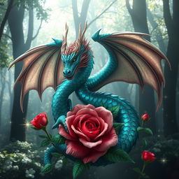 A majestic dragon entwined with a beautifully blooming rose, the dragon's scales shimmering in various hues of emerald and sapphire