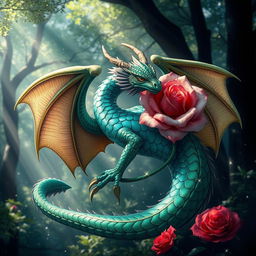 A majestic dragon entwined with a beautifully blooming rose, the dragon's scales shimmering in various hues of emerald and sapphire