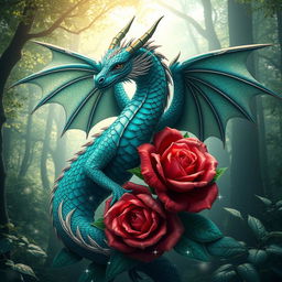 A majestic dragon entwined with a beautifully blooming rose, the dragon's scales shimmering in various hues of emerald and sapphire