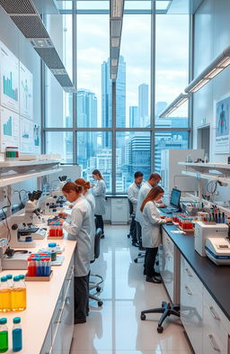 A state-of-the-art health care laboratory featuring advanced medical equipment such as microscopes, test tubes, and high-tech machinery