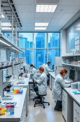 A state-of-the-art health care laboratory featuring advanced medical equipment such as microscopes, test tubes, and high-tech machinery