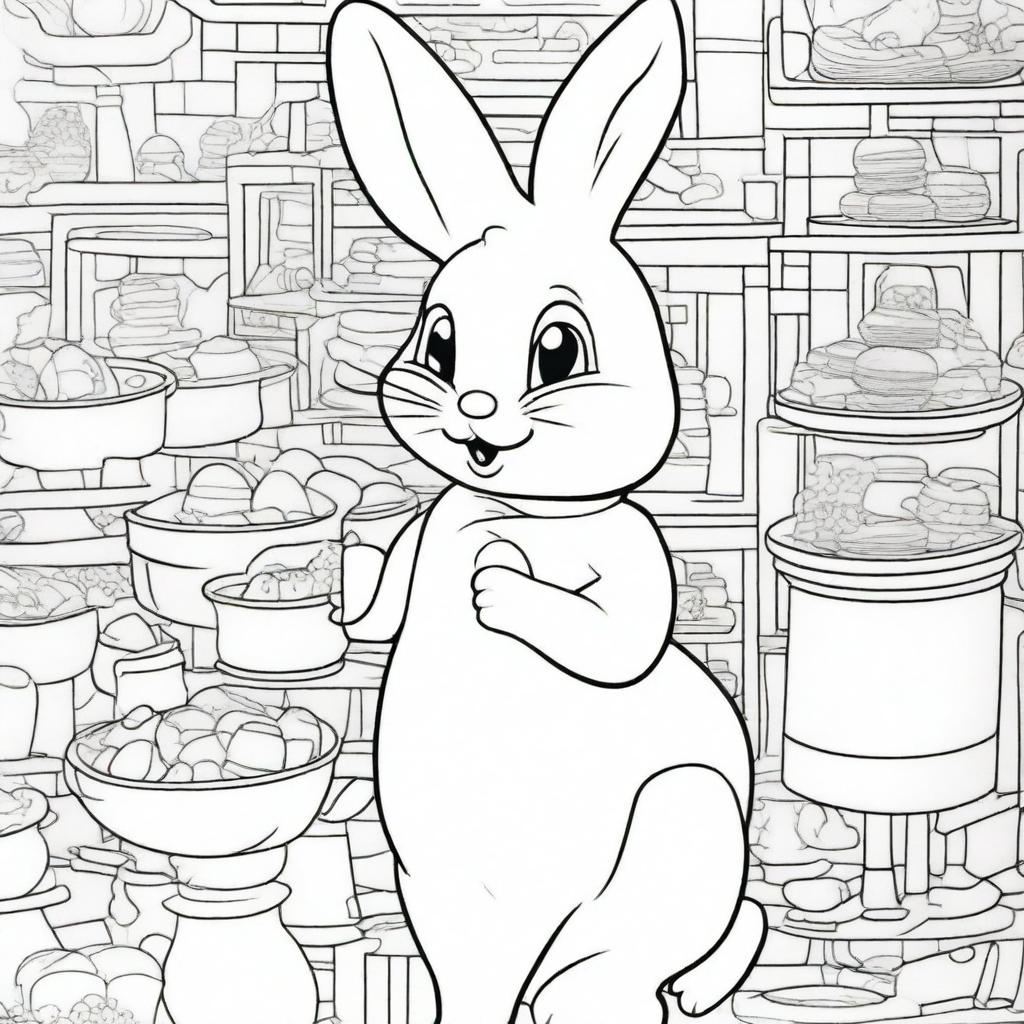 Generate a coloring page illustrating the Easter Bunny in a lively chocolate factory