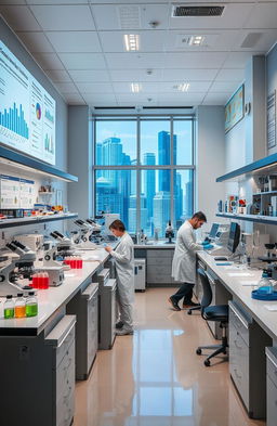 A state-of-the-art health care laboratory featuring advanced medical equipment such as microscopes, test tubes, and high-tech machinery