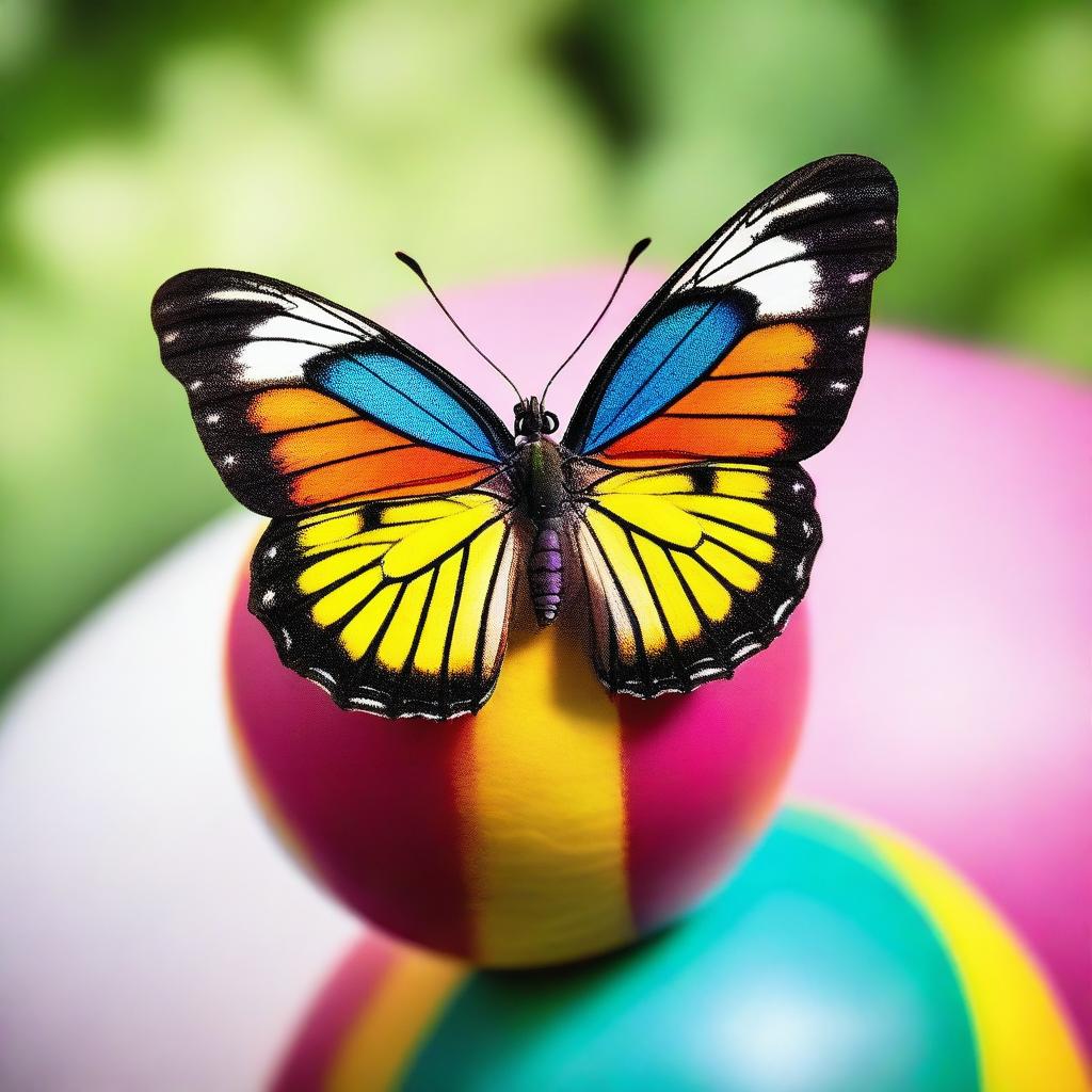 A vibrant butterfly delicately perched on a colorful ball