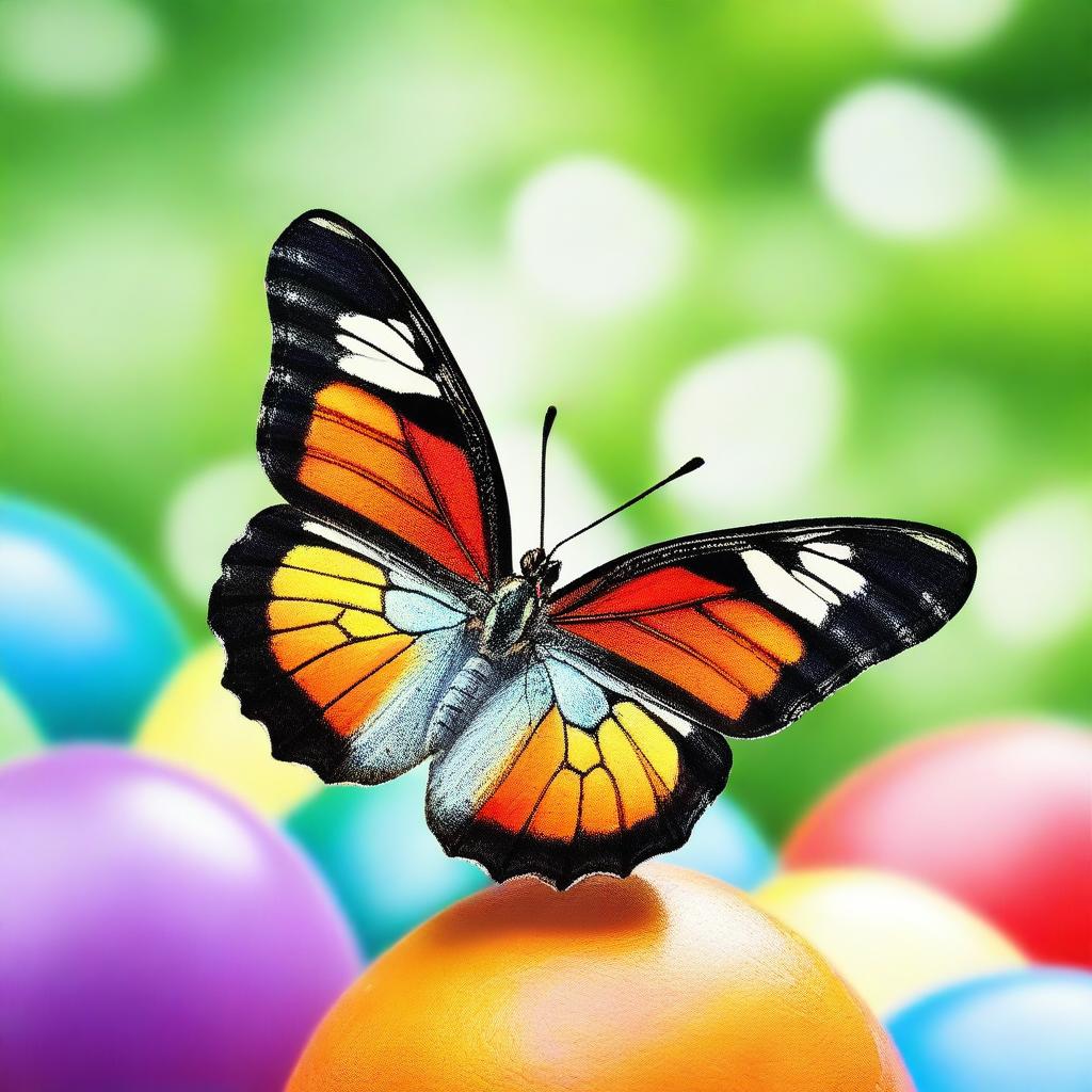 A vibrant butterfly delicately perched on a colorful ball