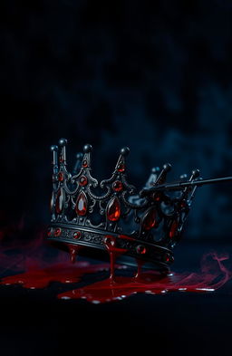 An intimidating black crown adorned with red ruby jewelry, shot by a black arrow, causing it to drop real-looking blood