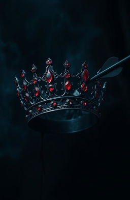 An intimidating black crown adorned with red ruby jewelry, shot by a black arrow, causing it to drop real-looking blood