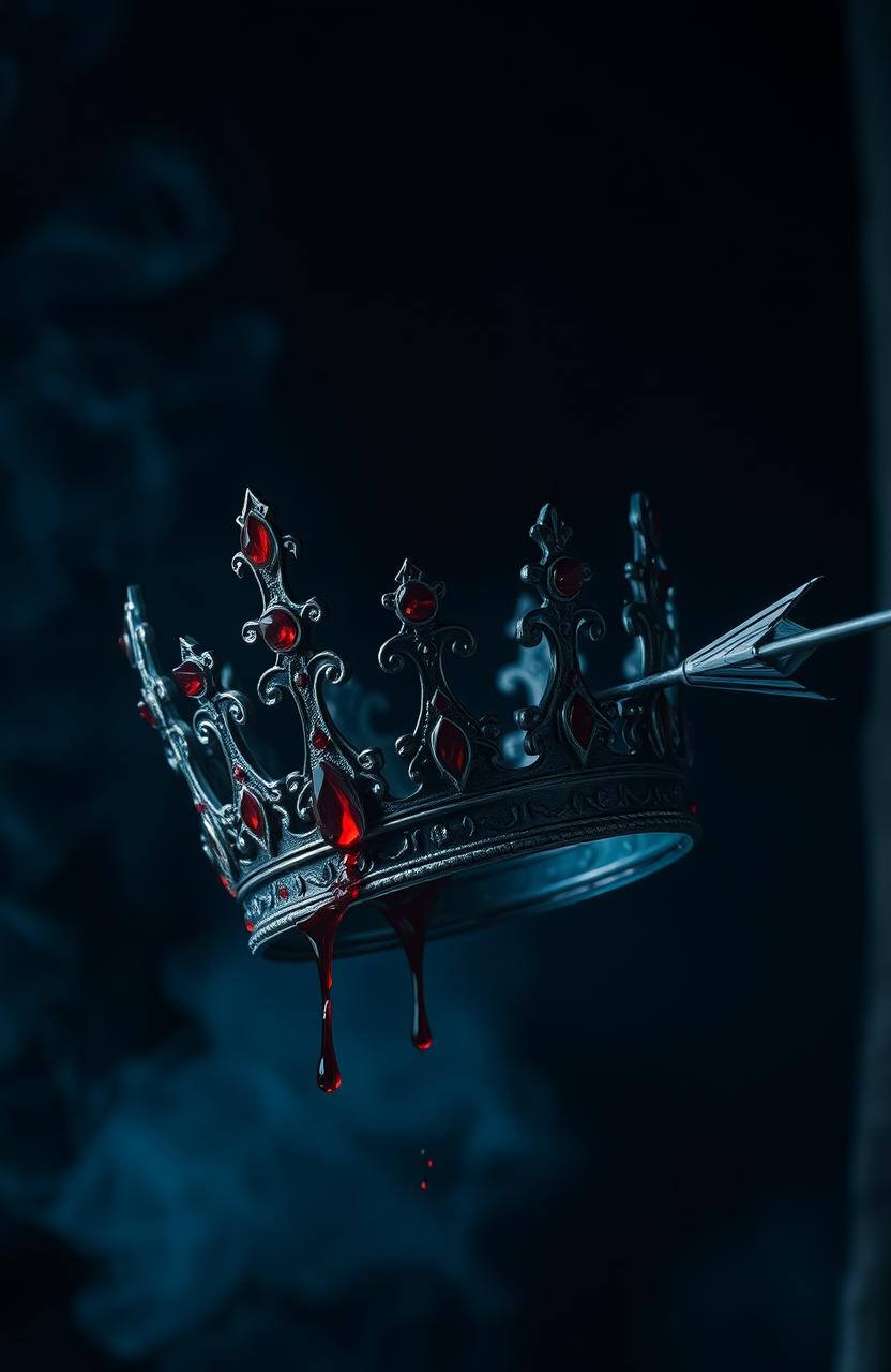 An intimidating black crown adorned with red ruby jewelry, shot by a black arrow, causing it to drop real-looking blood