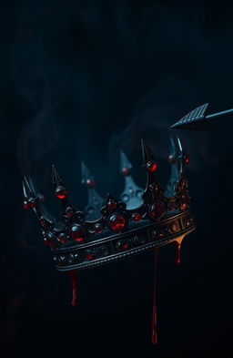 An intimidating black crown adorned with red ruby jewelry, shot by a black arrow, causing it to drop real-looking blood