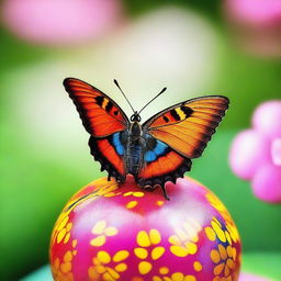 A vibrant butterfly delicately perched on a colorful ball