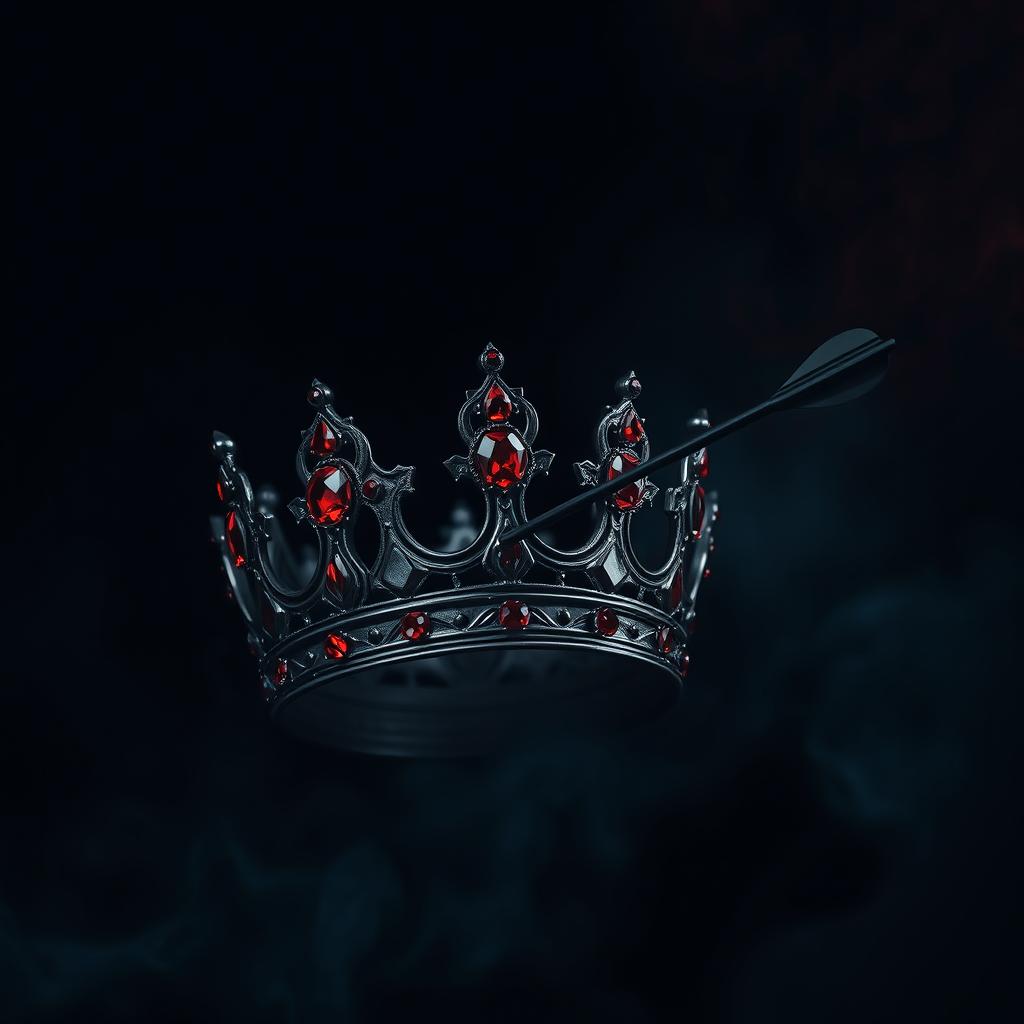 An intimidating black crown adorned with red ruby jewelry, being shot by a sleek black arrow, resulting in a realistic drop of blood