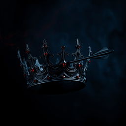 An intimidating black crown adorned with red ruby jewelry, being shot by a sleek black arrow, resulting in a realistic drop of blood