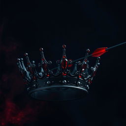 An intimidating black crown adorned with red ruby jewelry, being shot by a sleek black arrow, resulting in a realistic drop of blood