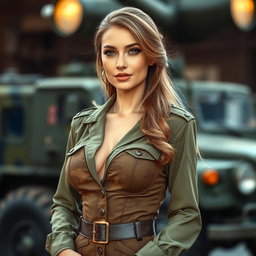 A strikingly beautiful Russian female soldier with large breasts, dressed in an elegant yet military-inspired outfit that combines femininity with strength