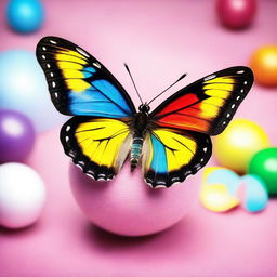 A vibrant butterfly delicately perched on a colorful ball