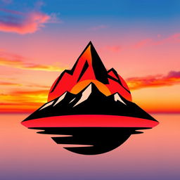 A beautifully designed logo featuring a mountain range silhouetted against a vibrant sunset sky, showcasing a color palette of warm oranges, pinks, and purples