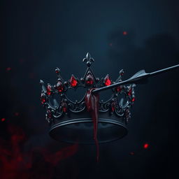 An intimidating black crown embellished with red ruby jewelry, being struck by a black arrow, resulting in a realistic drop of blood