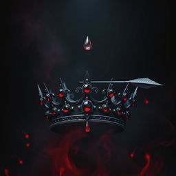 An intimidating black crown embellished with red ruby jewelry, being struck by a black arrow, resulting in a realistic drop of blood
