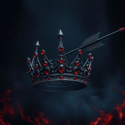 An intimidating black crown embellished with red ruby jewelry, being struck by a black arrow, resulting in a realistic drop of blood