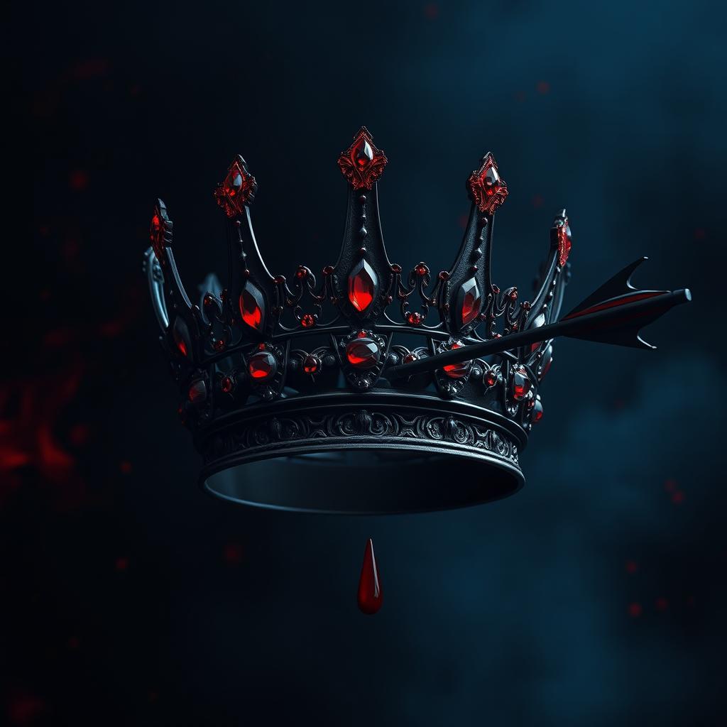 An intimidating black crown embellished with red ruby jewelry, being struck by a black arrow, resulting in a realistic drop of blood