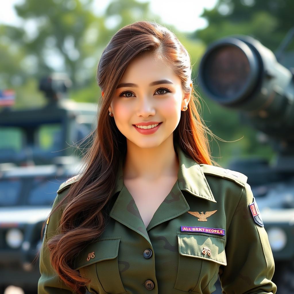 A beautiful South Korean female soldier with large breasts, donning a stylish military uniform that harmonizes strength and femininity